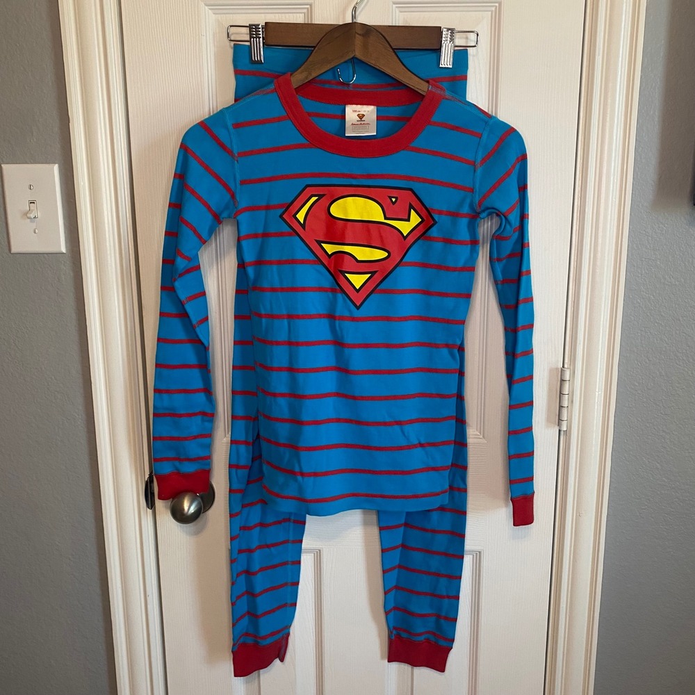 Hanna Andersson Superman Pajamas Kids Size 12 150cm Blue Red Striped PJ Set